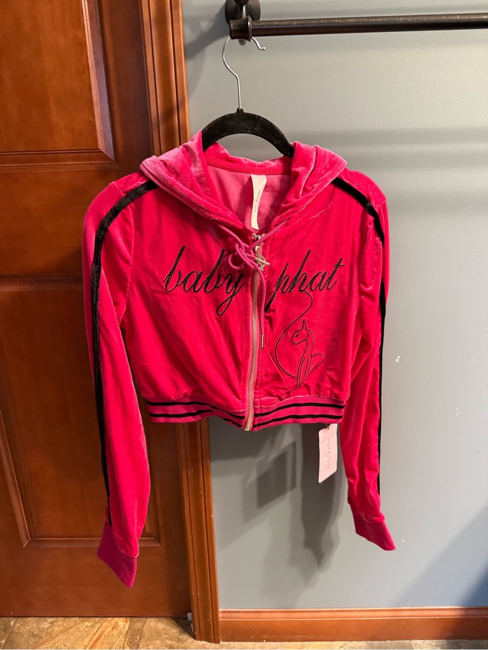 NEW Baby Phat Bright Pink Velour Hoodie with Lace-Up Drawstring SIZE S